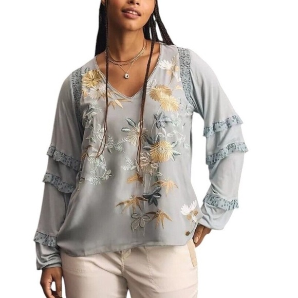 tiny Tops - Tiny Brand Anthropologie Women’s Blue Motif Long-Sleeve Ruffled Top size varies